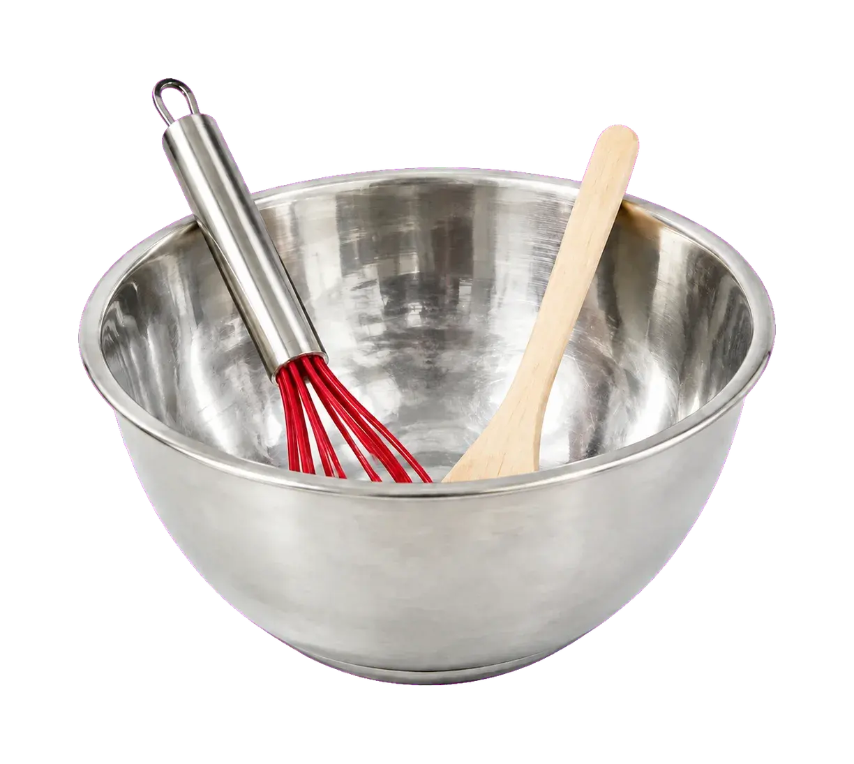 A stainless steel bowl with a whisk and wooden spatula.