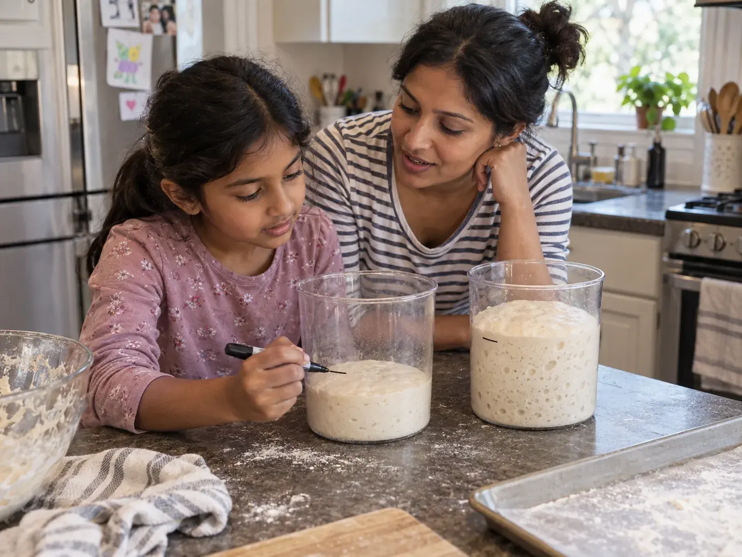 A child and parent comparing how dough changes before and after fermentation in their kitchen.