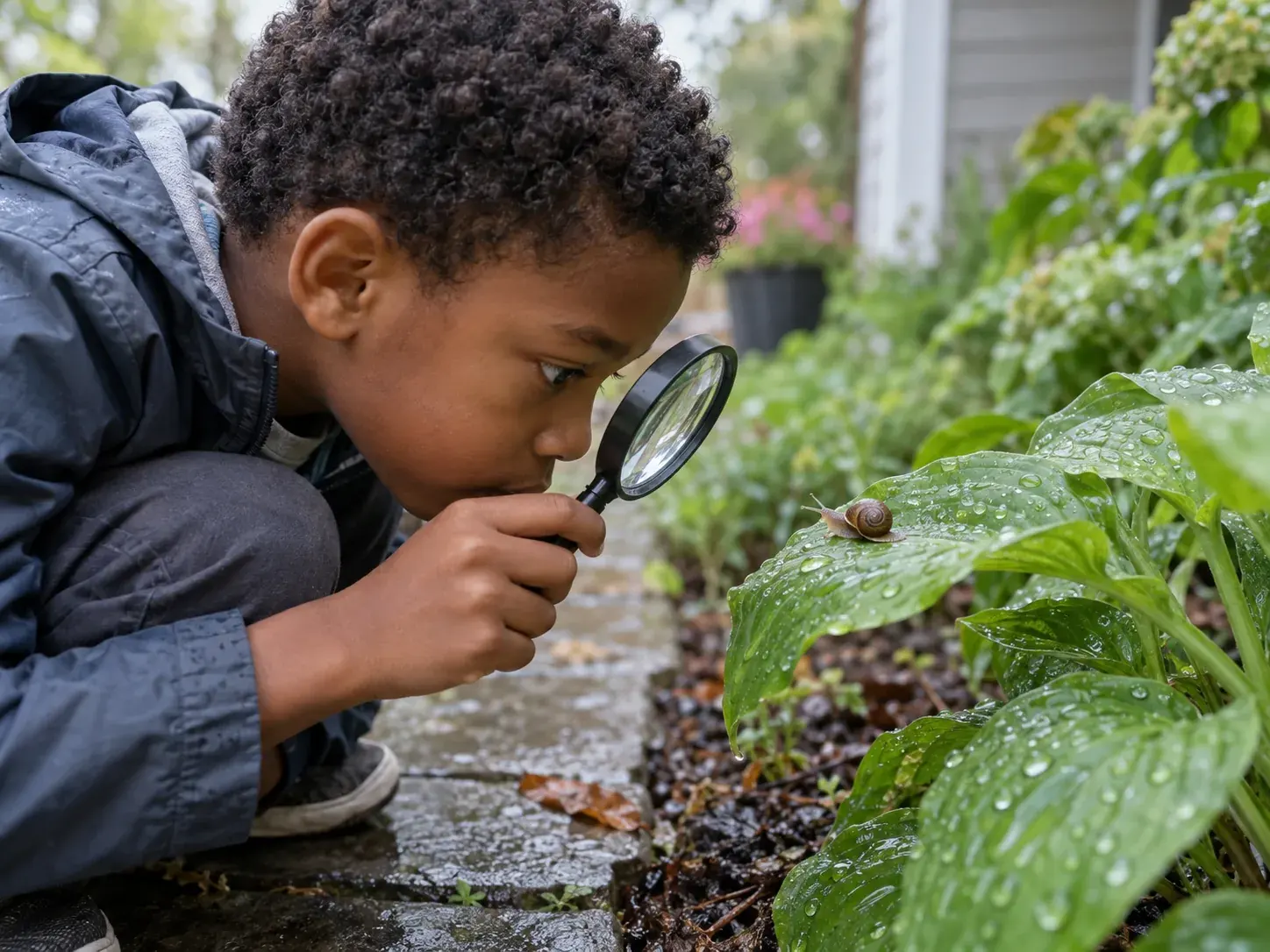 A child crouching beside a flower bed to look closely at a snail on a leaf.
