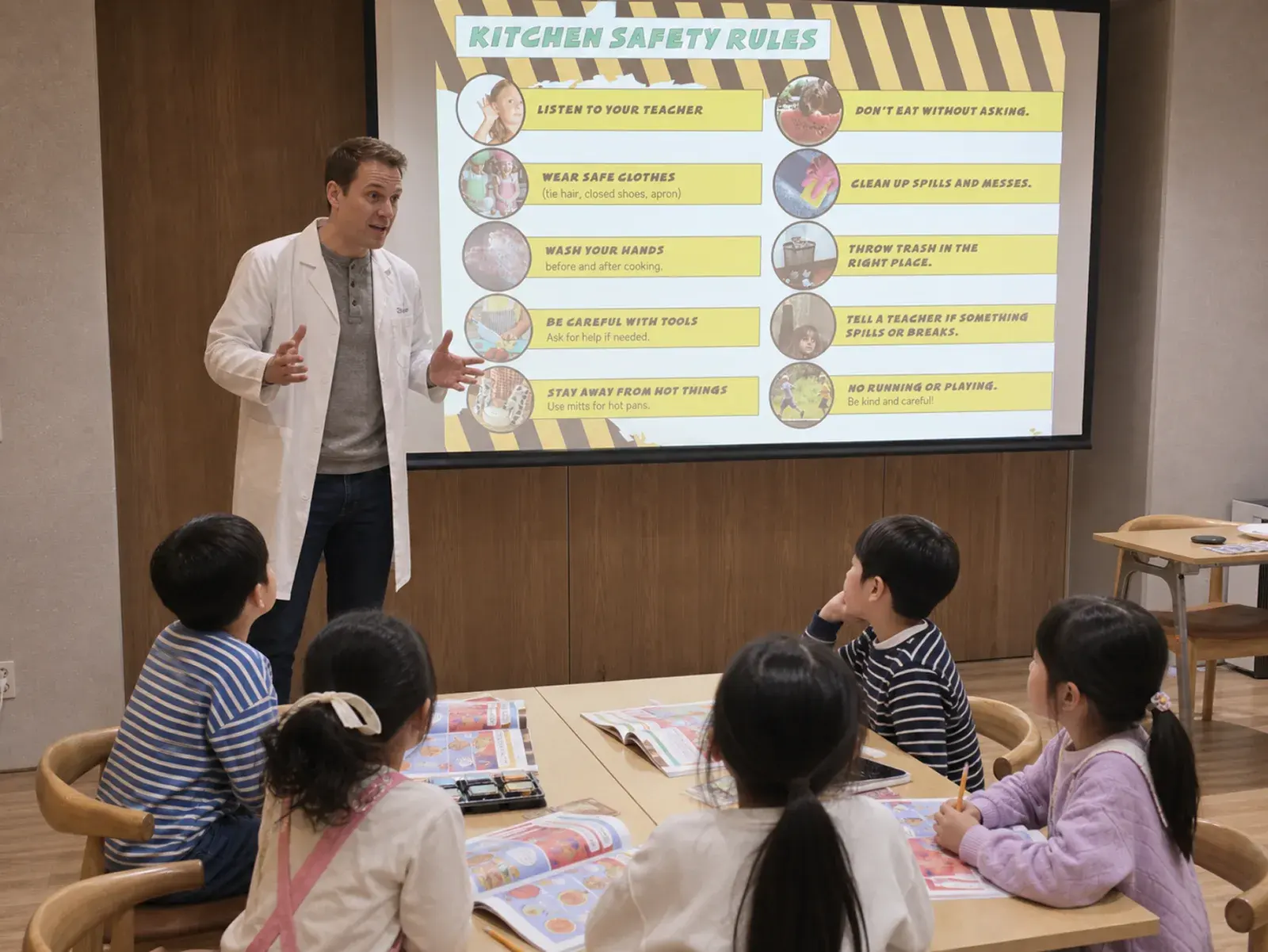 흰 가운을 입은 강사가 주방 안전 규칙이 띄워진 화면 앞에서 설명하고, 아이들이 워크북을 펴 둔 채 앉아 보고 있다.