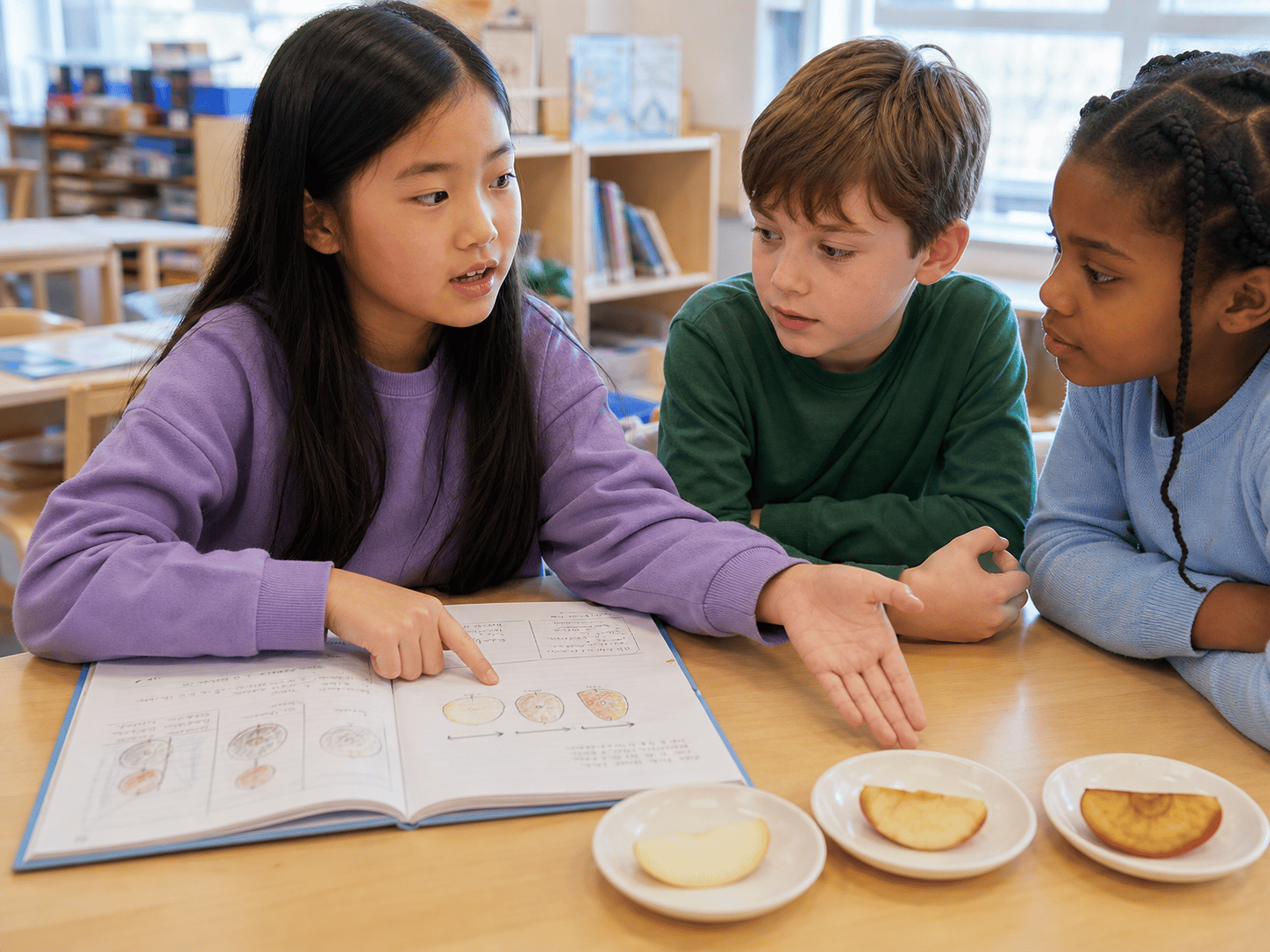 A child explaining a dish they made in a Korean classroom.