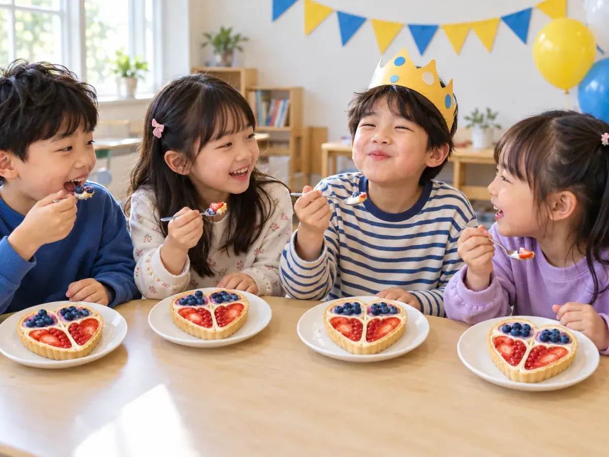 다 만든 파르페를 각자 떠먹는 생일 주인공과 친구들