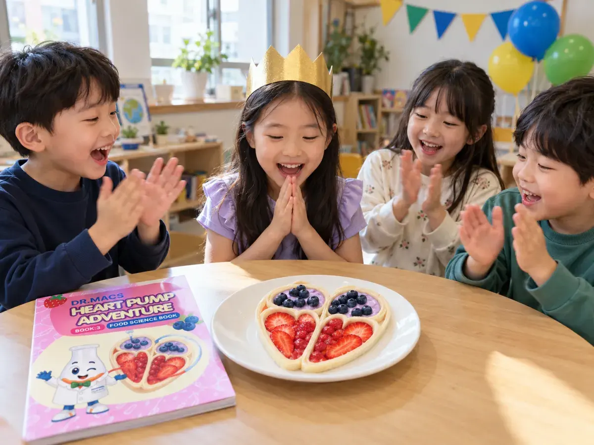 하트 모양 베리 파르페 앞에서 두 손을 모은 생일 주인공과 손뼉 치는 친구들