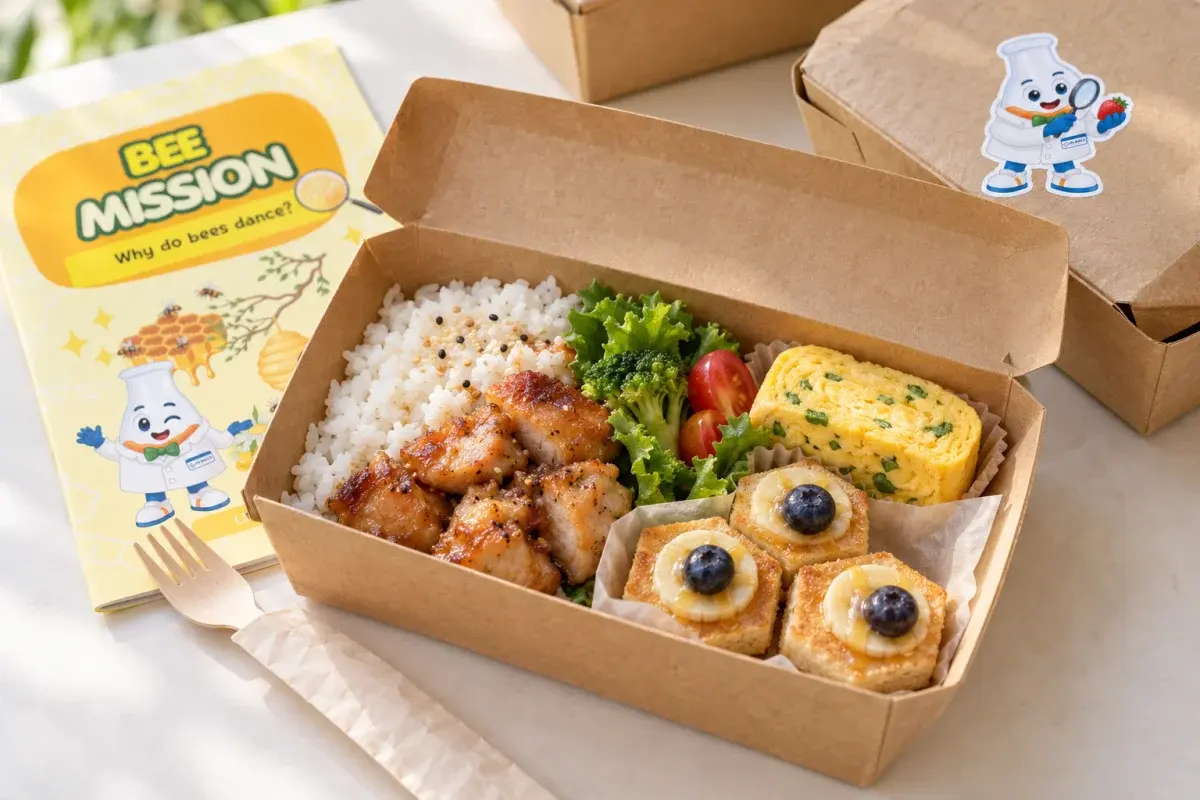 꿀벌 워크북 옆 종이 상자에 담긴 밥과 육각형 토스트