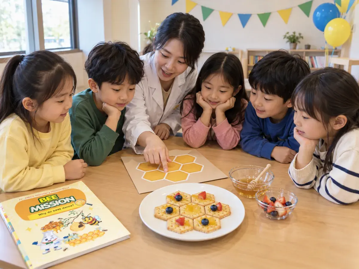 꿀벌 워크북 옆에서 육각형 판을 함께 들여다보는 선생님과 아이들