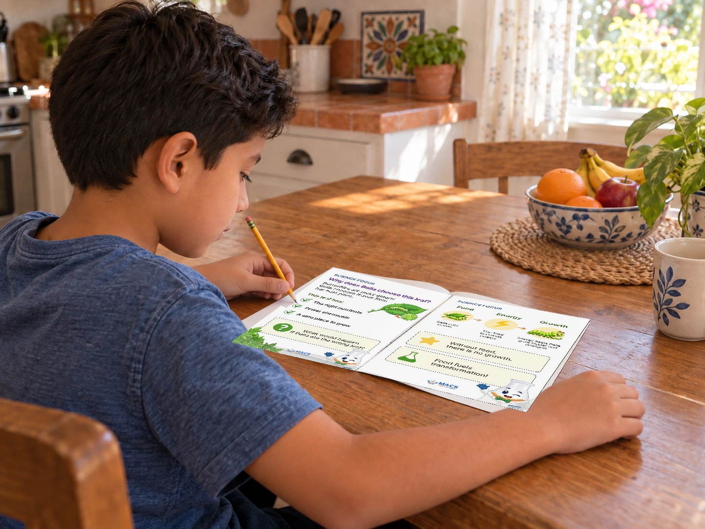 A child answers a butterfly nutrition question in an open workbook at home.