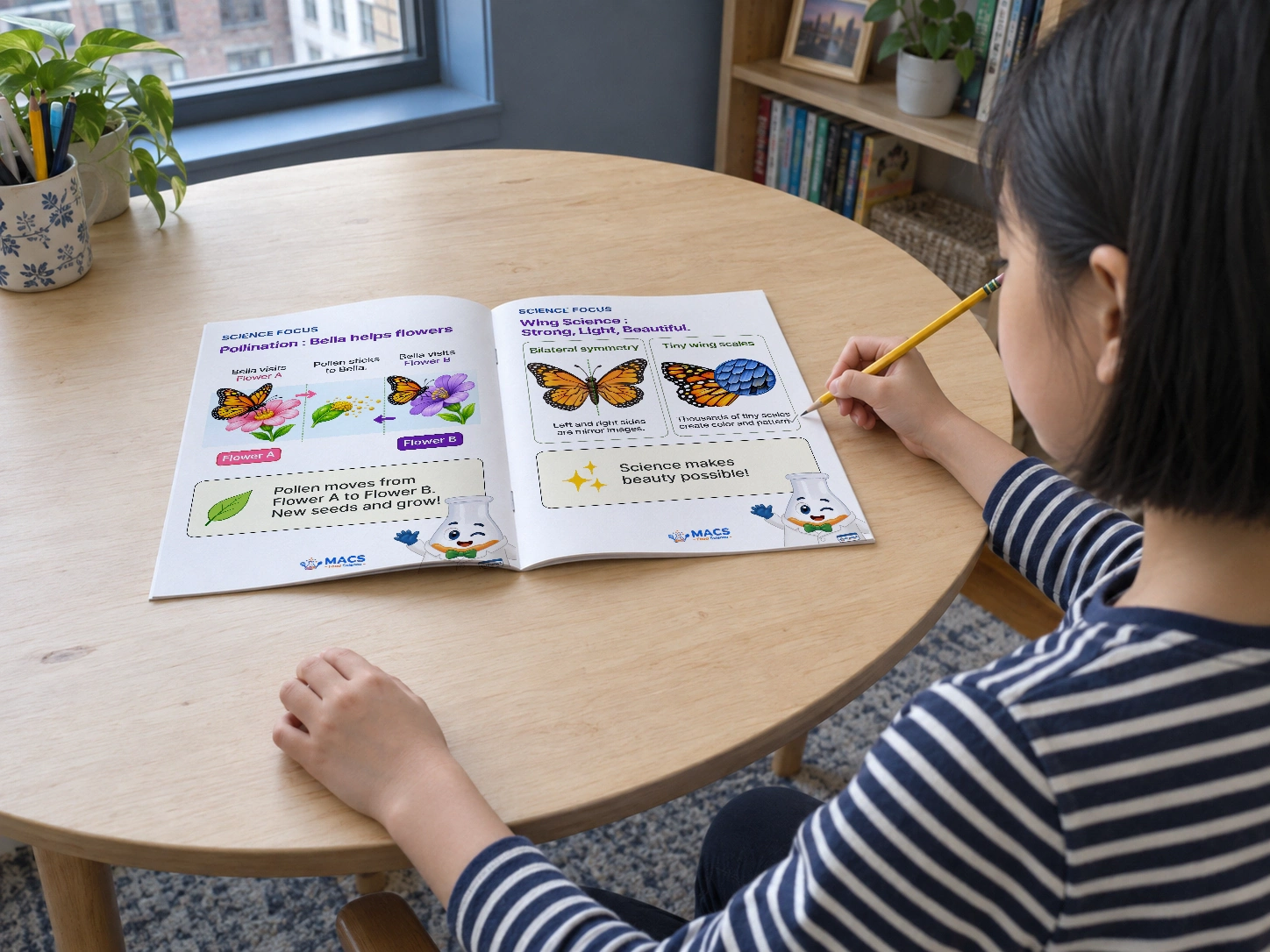A child works through a butterfly symmetry activity in an open workbook.