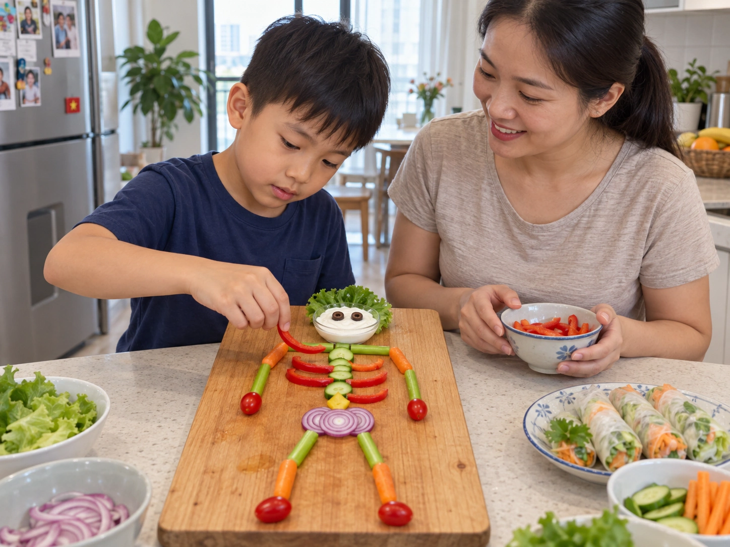 Trên bàn bếp tại nhà, bé trai cùng mẹ dùng rau củ tạo thành mô hình bộ xương.