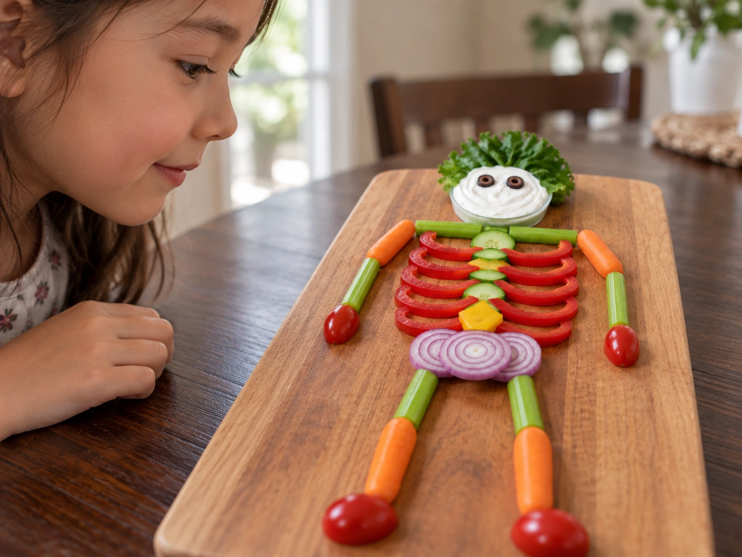 A child examines a vegetable skeleton model assembled on a wooden board.
