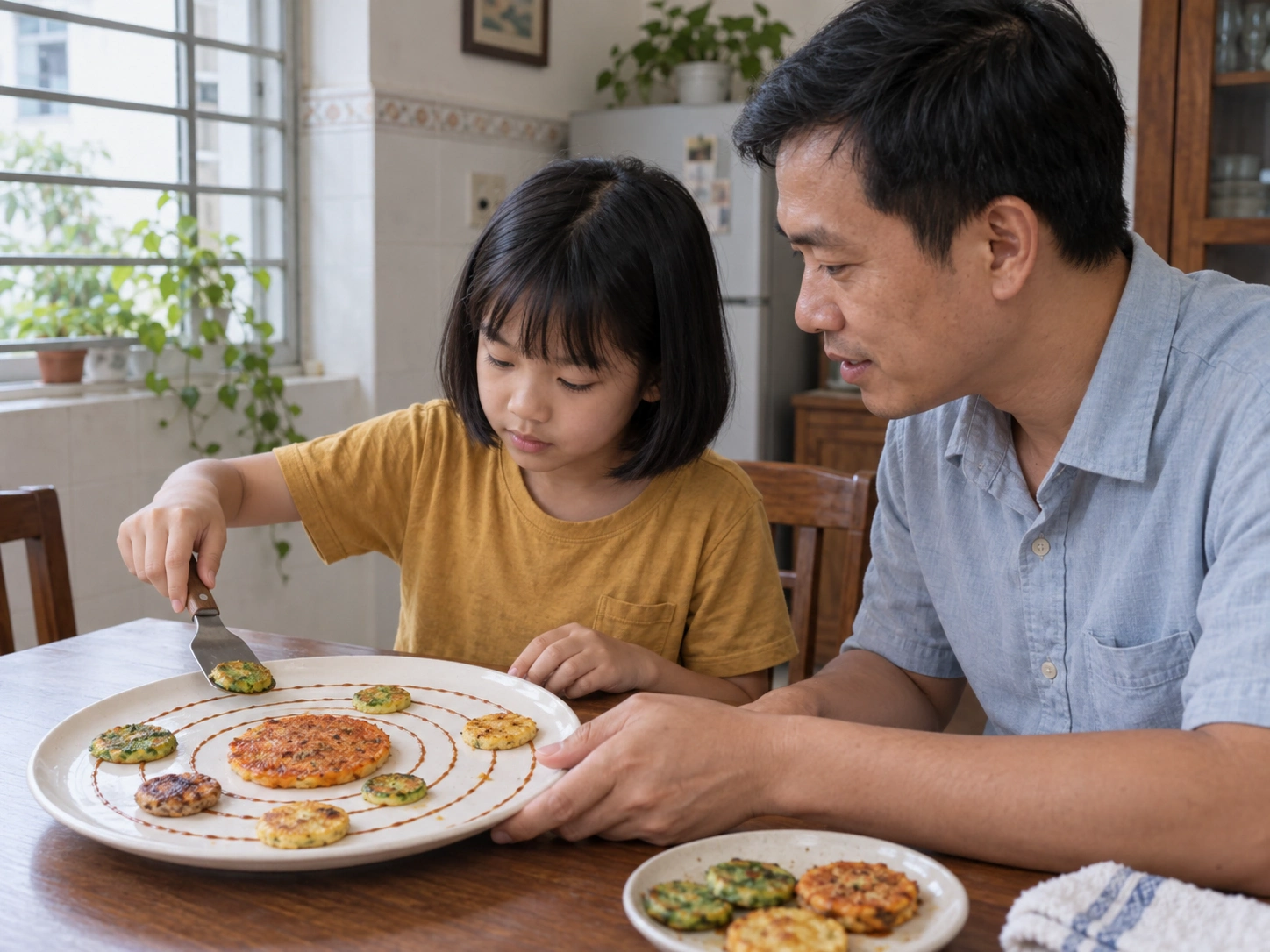 Bé gái dùng xẻng xếp bánh rau củ thành hệ Mặt Trời khi bố giữ đĩa.