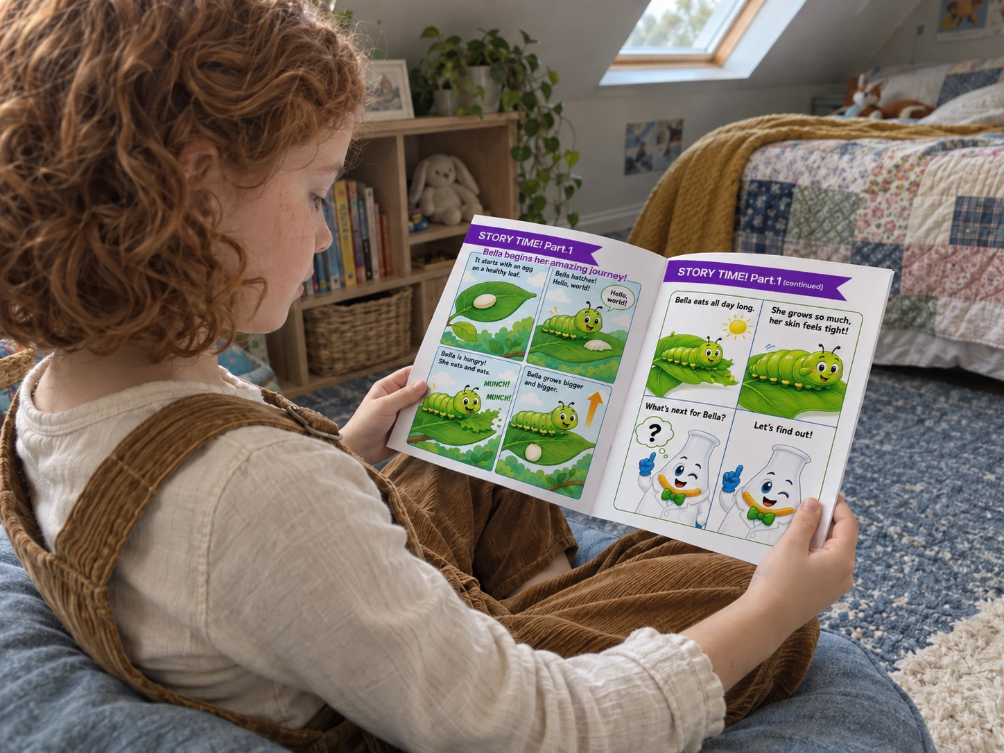 A child reads an illustrated butterfly life-cycle workbook at home.