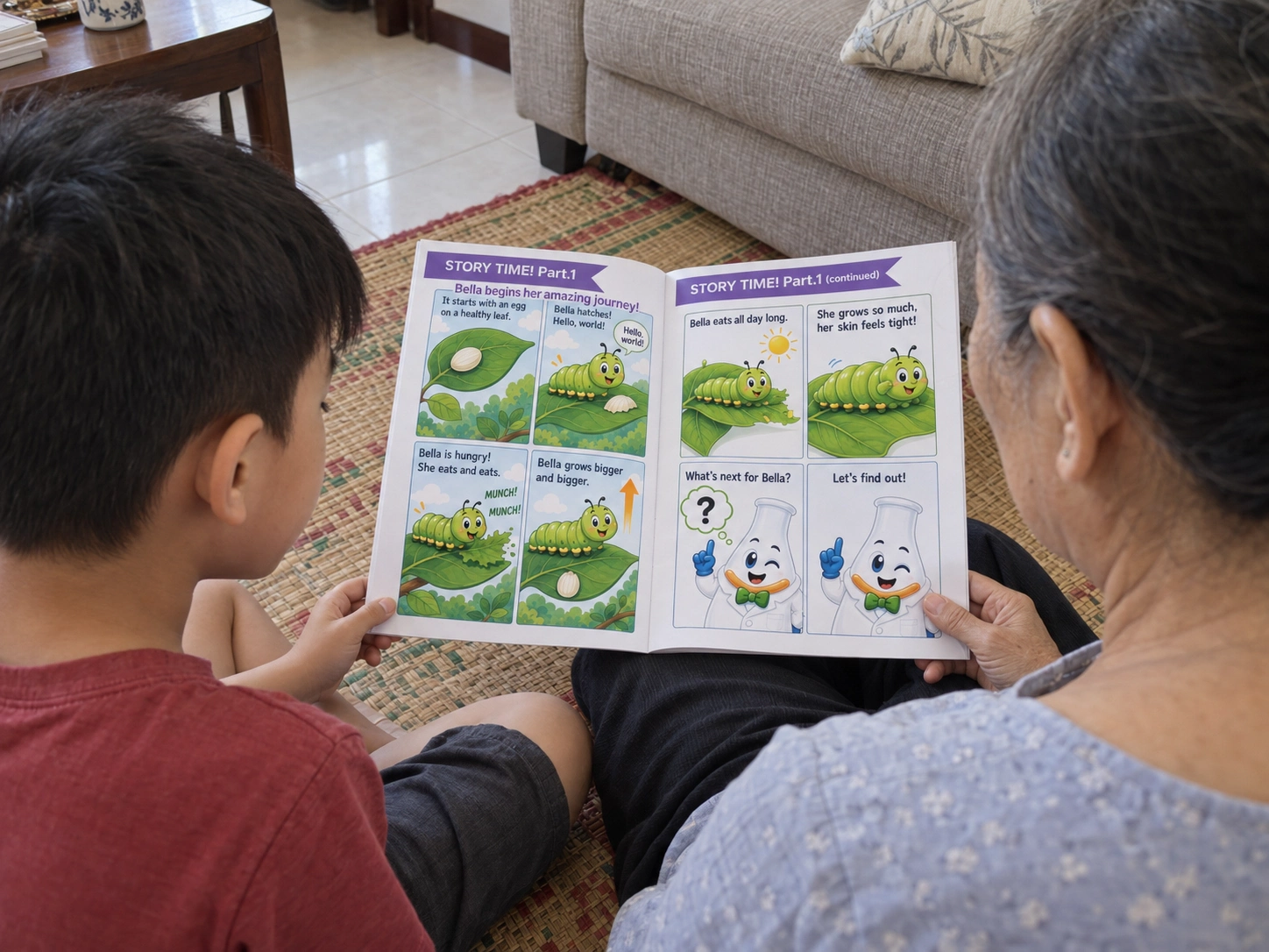 Bà và cháu trai cùng đọc câu chuyện về bướm trên chiếu tại nhà.